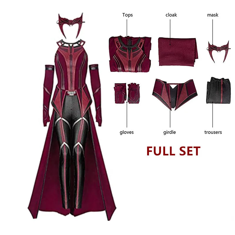 P-Jsmen Female Wanda Maximoff Cosplay Costume Scarlet Witch Headwear Cloak and Pants Full Set Outfit Halloween Accessories Props