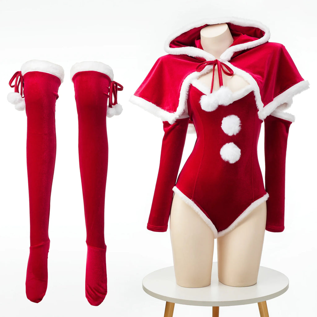 Anime Christmas Uniform Bodysuit with Cloak Red Stockings Outfits Cosplay Costumes New Year Plush Nightgown Underwear Outfits