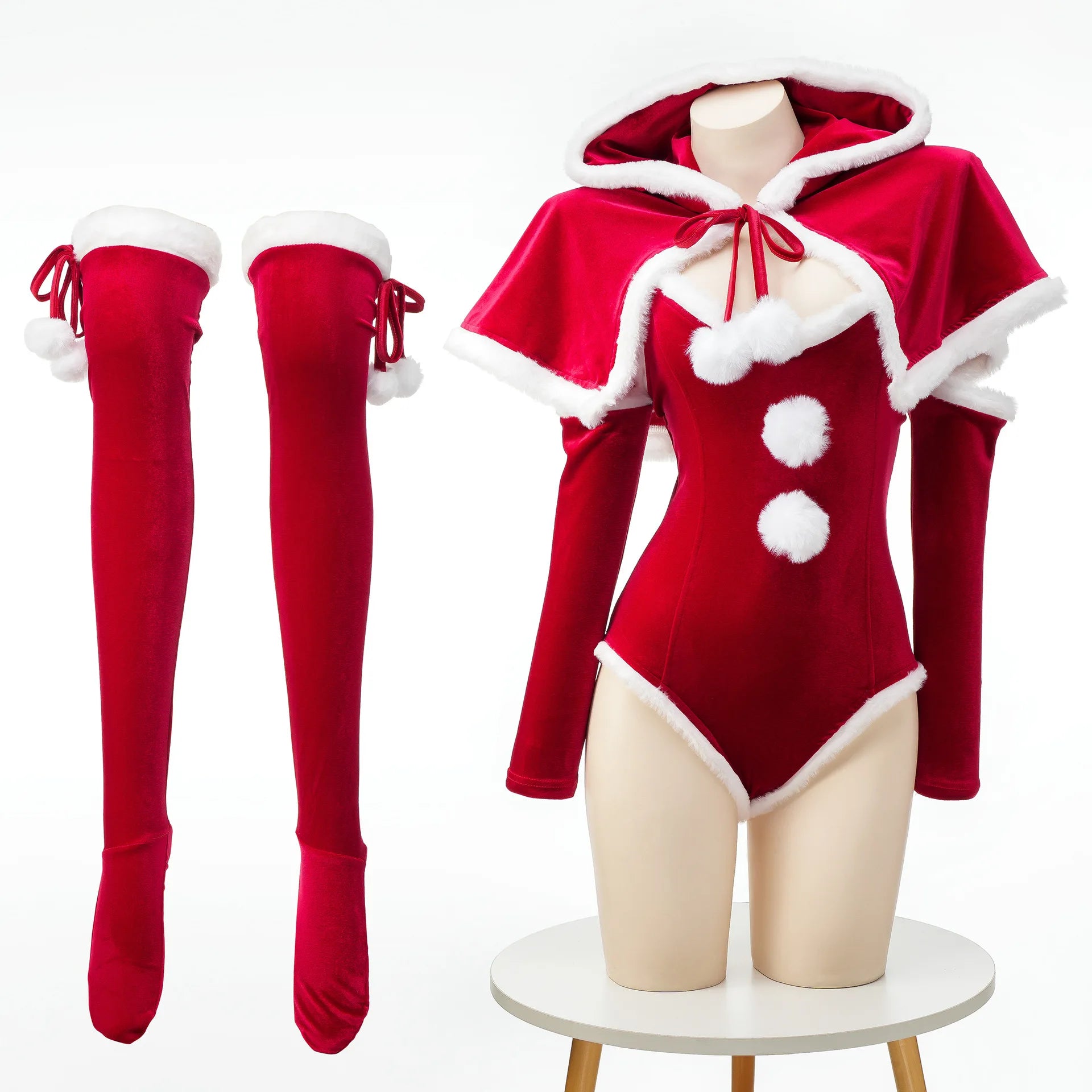 Anime Christmas Uniform Bodysuit with Cloak Red Stockings Outfits Cosplay Costumes New Year Plush Nightgown Underwear Outfits