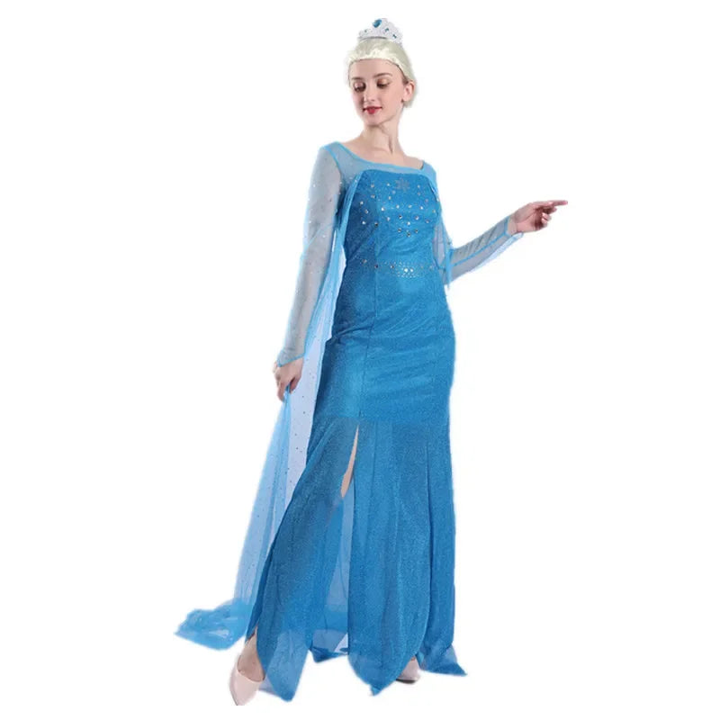 Frozen Elsa Princess Long Dress Sequin Mesh Elsa Costume Adult Snow Queen Costume Party Dress Halloween Carnival Cosplay Costume