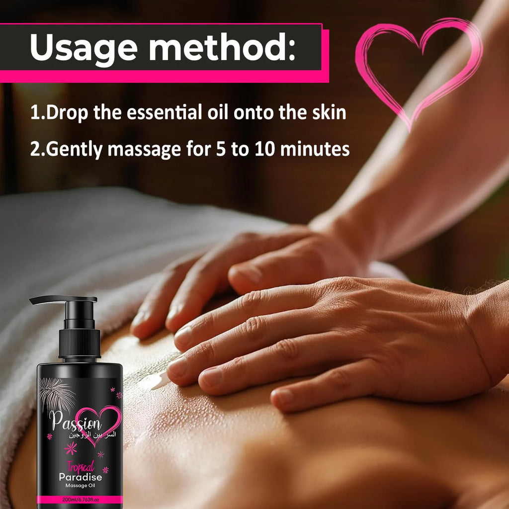 6.76 OZ Passion Sensual Jojoba Oil Natural Body Massage Oil for Couples Relaxing Perfect Glide & Smooth Skin, Tropical Paradise