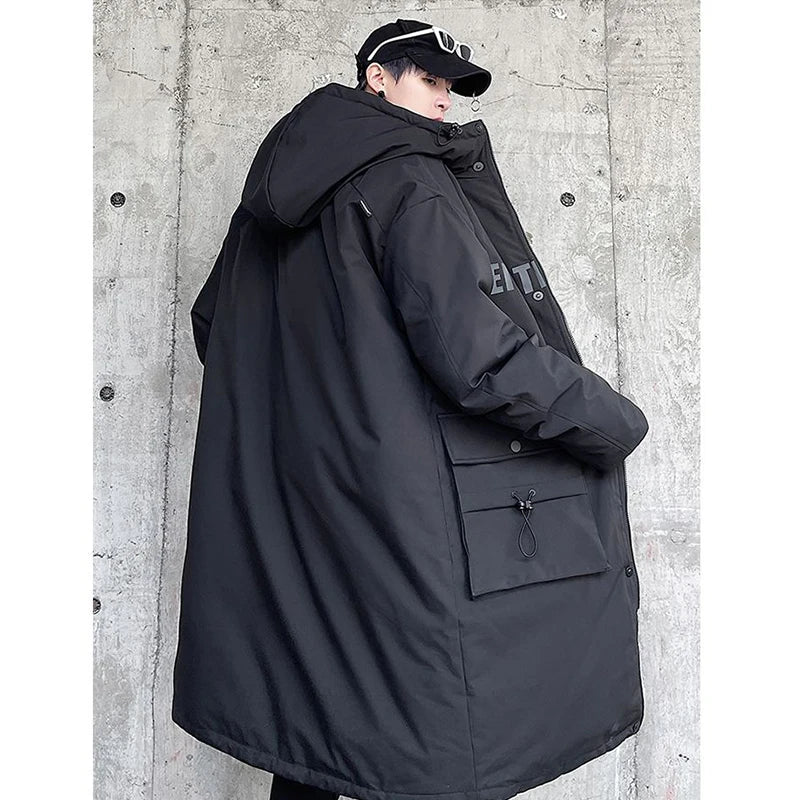 Techwear Down Cotton Jacket Men's Oversize Mid Length Workwear Cold Weather Clothing Winter Pockets Thick Hooded Parkas