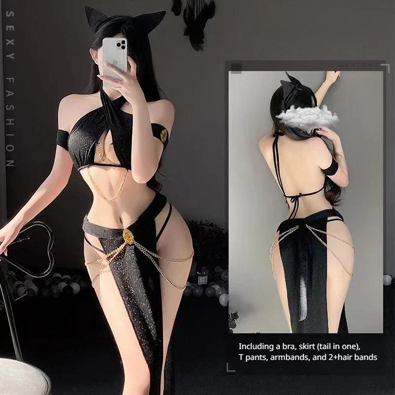 Halloween Women Sexy Lingerie Cosplay Cat Costumes Black Witch Halter Hollow Top with Dress Nightgowns Role Play Robe Dress