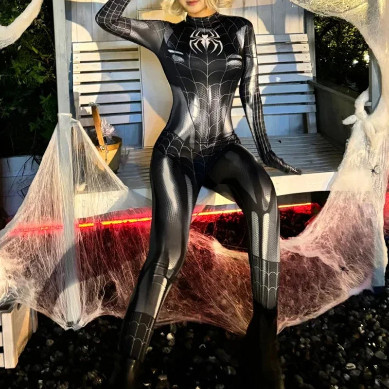 Good Quality Superhero Female Spider Man Cosplay Tight Jumpsuit Black Spider Sexy Cosplay Costume Halloween Party Costume Mask