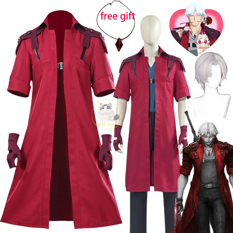 DMC 5 Dante Cosplay Wig Uniform Costumes Disguise for Adult Men Long Windbreaker Gloves Roleplay Outfits Halloween Carnival Suit