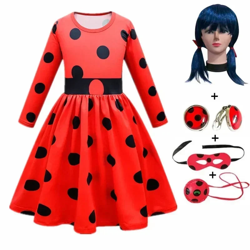 2025 Christmas Reddy Girl Little Beetle Cosplay Costume Mask Wig with Earrings Kids Halloween Fancy Costume Children Party Dress