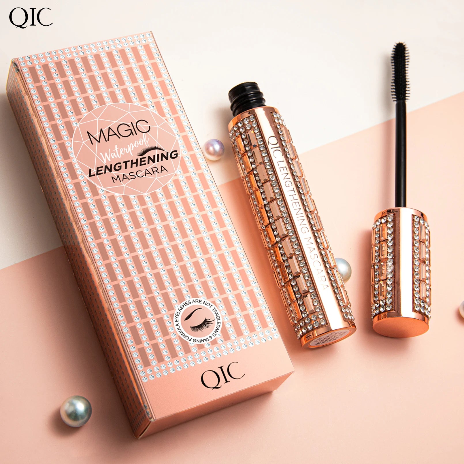 QIC Fashion Diamond 4D Mascara Waterproof Eye Make-up Cosmetics Peanut Silicone Brush Lengthening Curl Lashes Fast Dry
