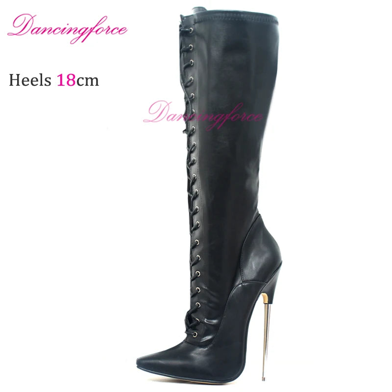 Pointy Toe Fetish Knee High Boots Women 18cm Extreme High Sexy Fetish Metal Heels Stiletto Sexy Nightclub Party Boots