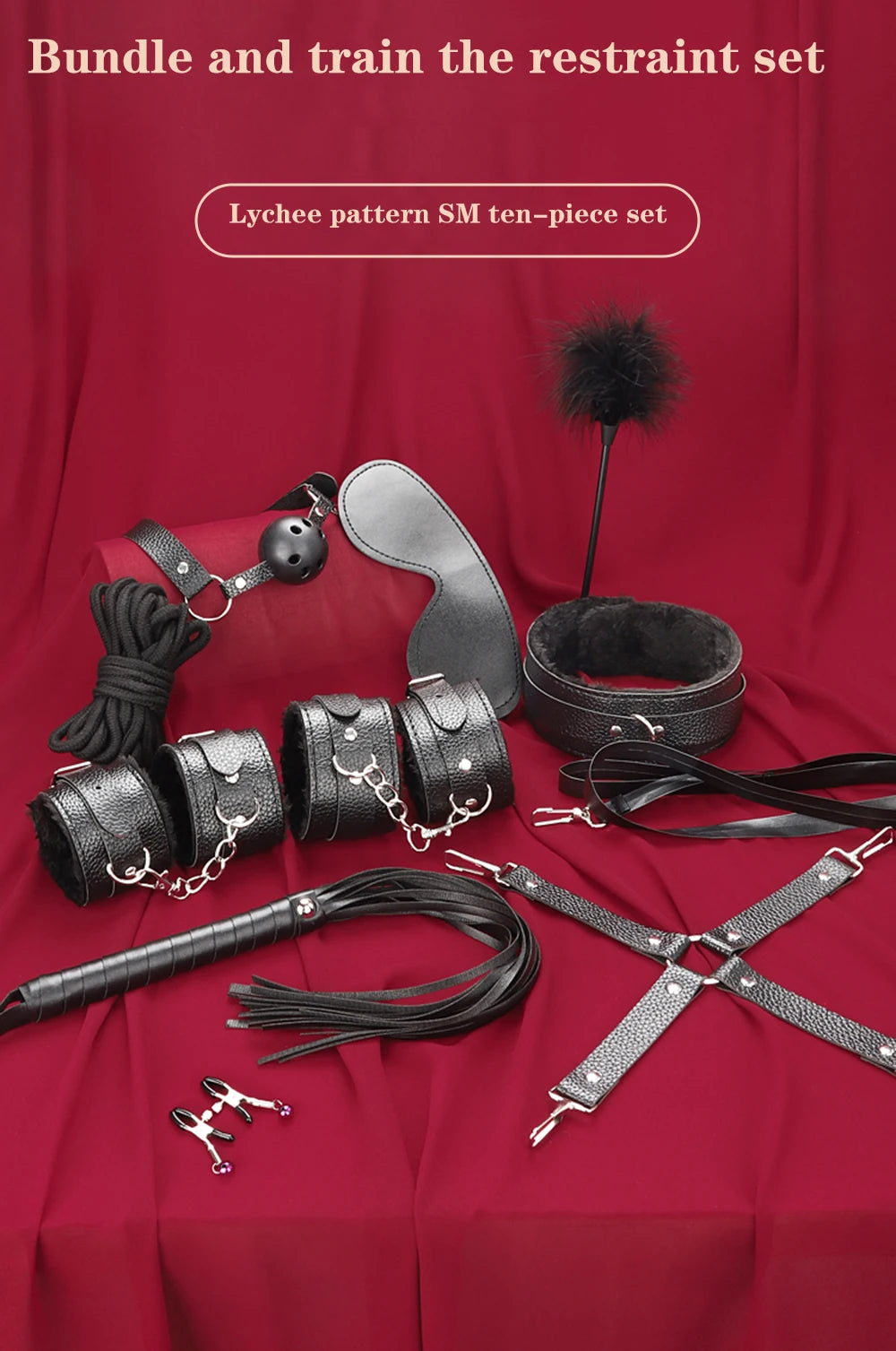 BDSM Bondage Restraint Kit 10 Pieces Drawstrings Collars Eye Masks Mouth Balls Whips Cotton Ropes Nipple Clamps Rope for Couples