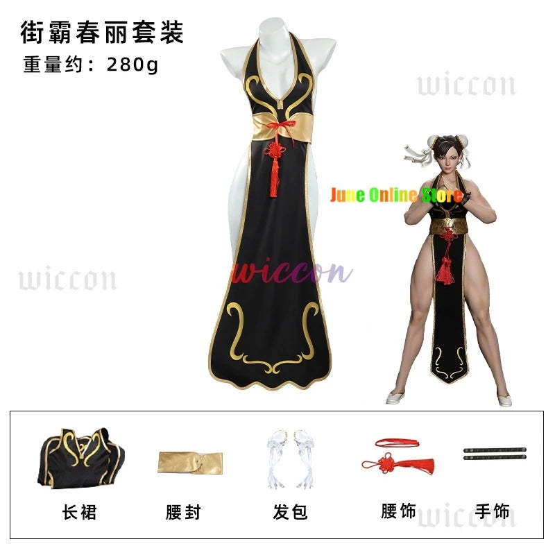 Chun Li Game Street Cosplay Costume Black Battle Dress Fighter Chinese Style Cheongsam Woman Adult Wig Blue Halloween Party