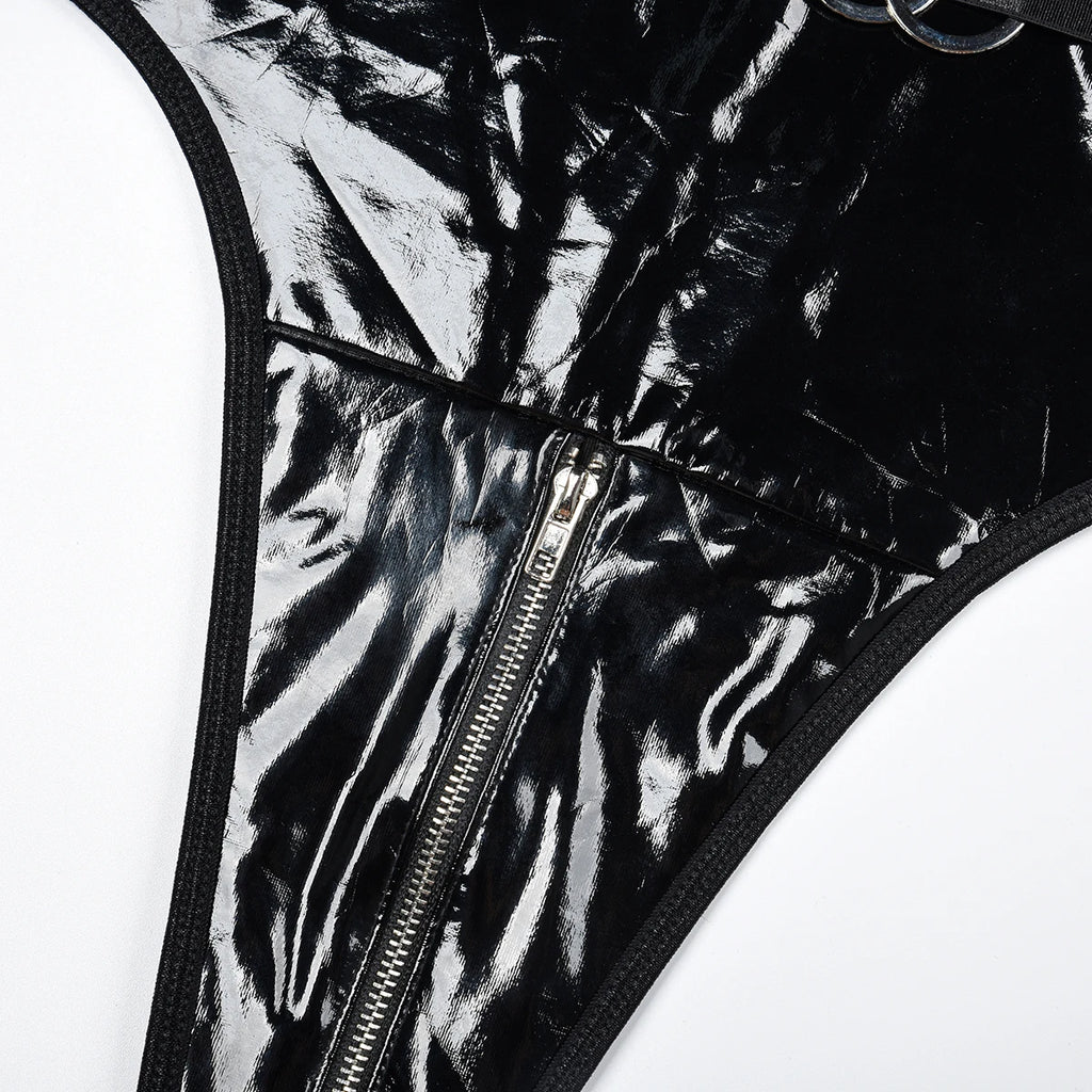 2024 Sexy Erotic Lingerie Set Corset Woman  Leather Bodysuit Zipper Open Crotch Rompers Mesh Sheer Hollow Out Female Underwear