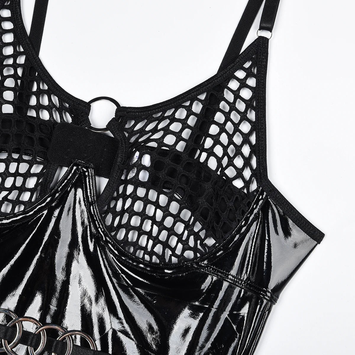 2024 Sexy Erotic Lingerie Set Corset Woman  Leather Bodysuit Zipper Open Crotch Rompers Mesh Sheer Hollow Out Female Underwear