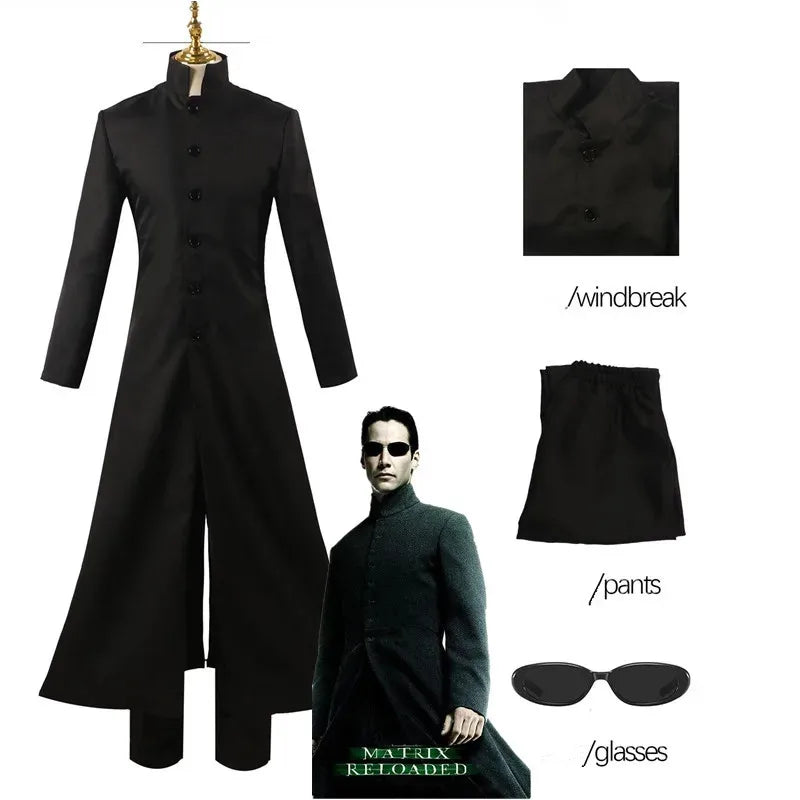 Costom Made Matrix Cosplay Costume Neo Black Men Women Long Trench Coat Jacket Uniform Halloween Party Stage Performance Suit