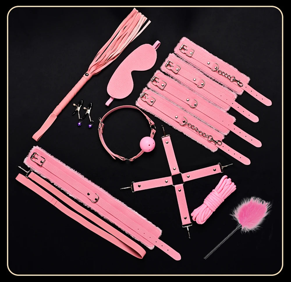 BDSM Bondage Restraint Kit 10 Pieces Drawstrings Collars Eye Masks Mouth Balls Whips Cotton Ropes Nipple Clamps Rope for Couples