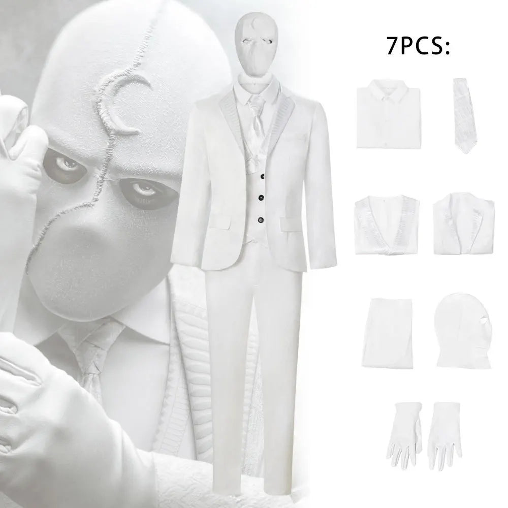 Movie Halloween Moon Superhero Mr Knight Cosplay Costume For Men White Tie Vest Suit Headgear Mask Sets Carnival Masquerade Suit