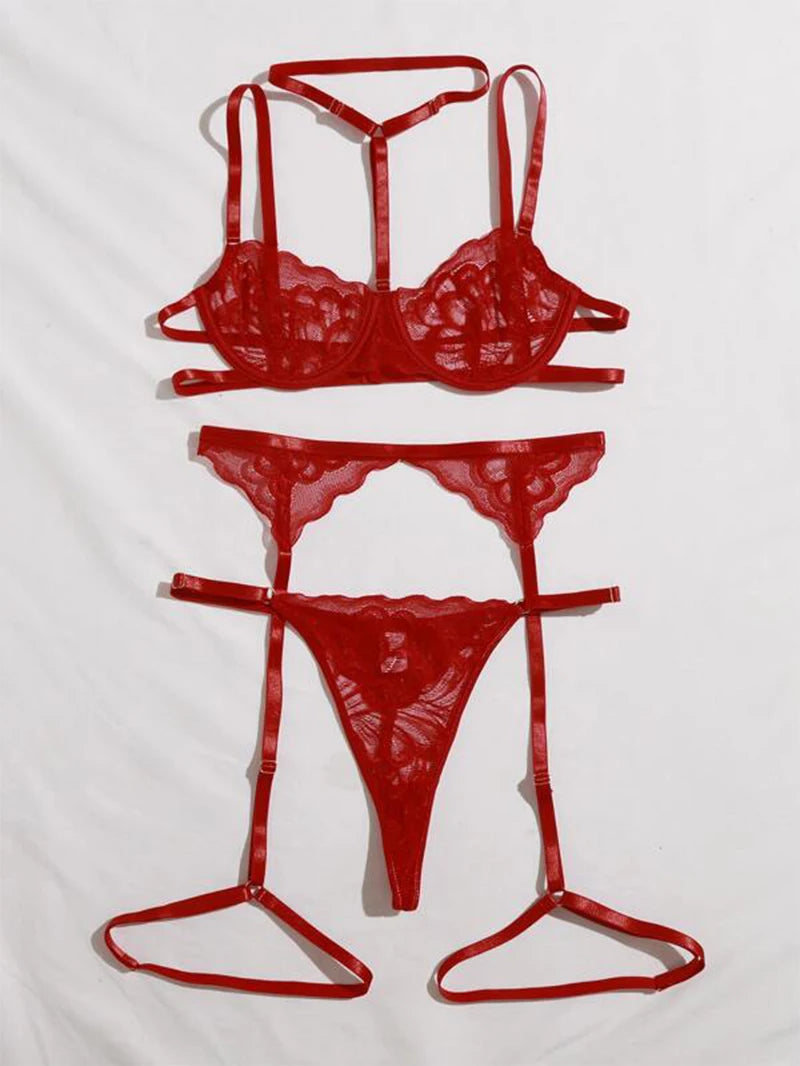 Erotic Lingerie Sets For Women Lace Garters Transparent Bra And Panty Set Female Porno Costumes Deep V Halter Sexy Underwear Set
