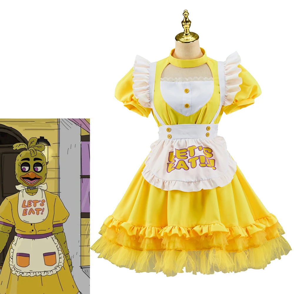Game FNAF Chica Cosplay Lolita Costume Woman's Yellow Dress with Apron Halloween Party Outfit