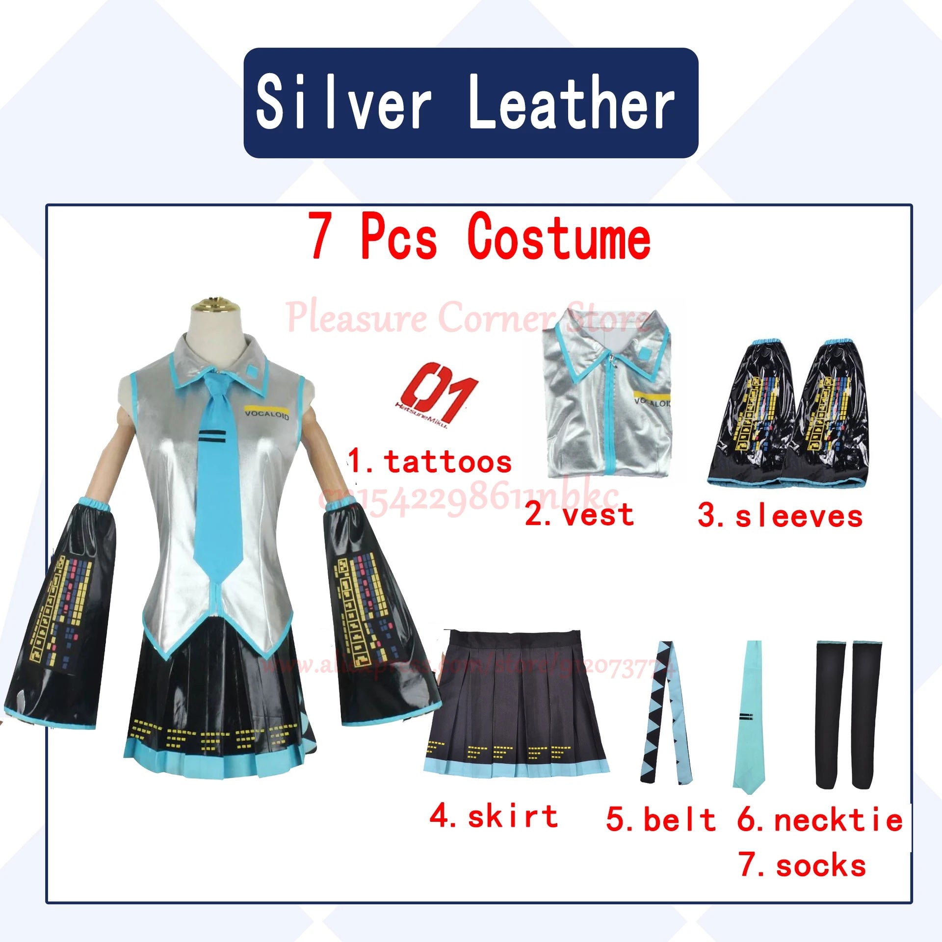 Miku Cosplay Full Set Silver Grey Patent Leather Fabric Suit Miku Cosplay Shoes Headwear Costume Outfit JK uniform Cosplay