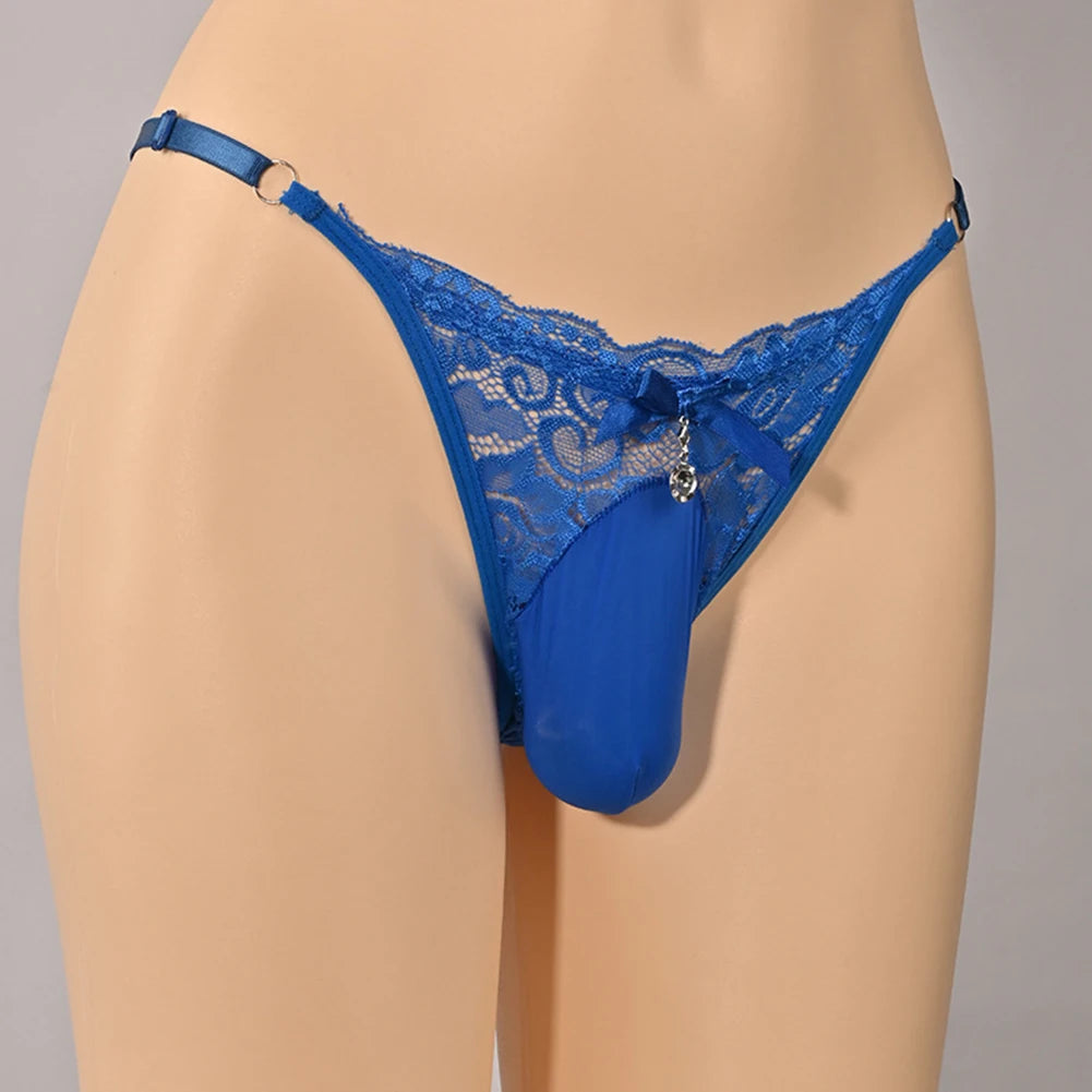 Men Sissy Lingerie Sheer Lace Thong Panties Ball Pouch G-String Low Waist Underpants Waistband Adjustable Briefs Erotic Lingerie
