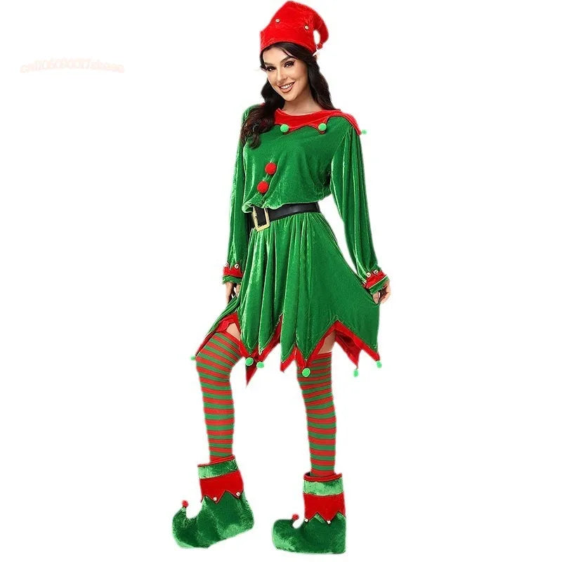 2025 yiyi Adults Lady Christmas Elf Costume Fit Hooded Velvet Dress Festival Party Family Matching Outfits New Year Cosplay Clot