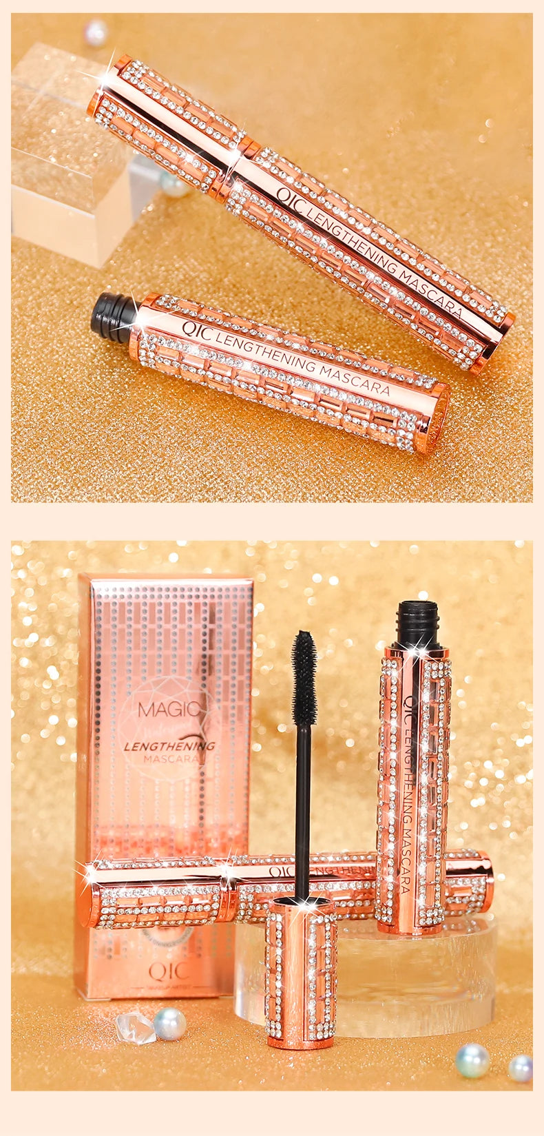 QIC Fashion Diamond 4D Mascara Waterproof Eye Make-up Cosmetics Peanut Silicone Brush Lengthening Curl Lashes Fast Dry