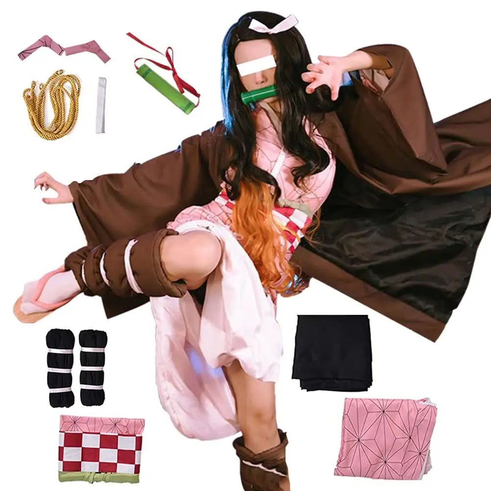 Anime Demon Slayer Kamado Nezuko Cosplay Costume Kimono Kimetsu No Yaiba Cosplay Wigs Hairs Halloween Carnival Women Outfit