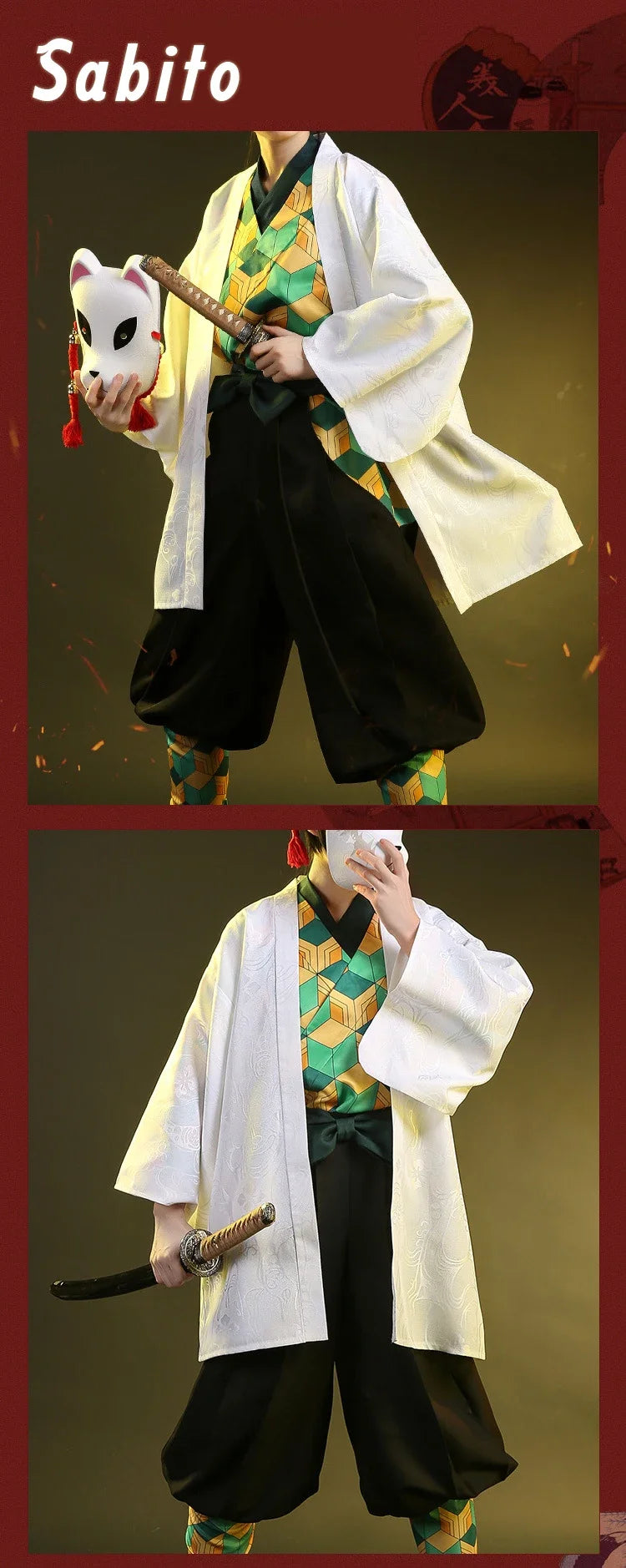 New Anime Demon Slayer Sabito Cosplay Costumes Kimetsu No Yaiba Kimono White Cloak Man Coat Lining Pants Wig Halloween Costumes