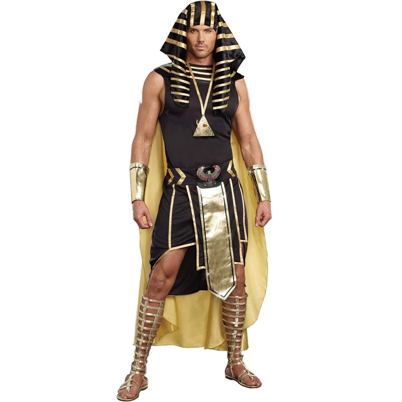 Men Egyptian Costume Set 7 Pcs Golden Trim Tank Tops Skirt Arm Sleeves Headwear Necklace Halloween Cosplay Outfits