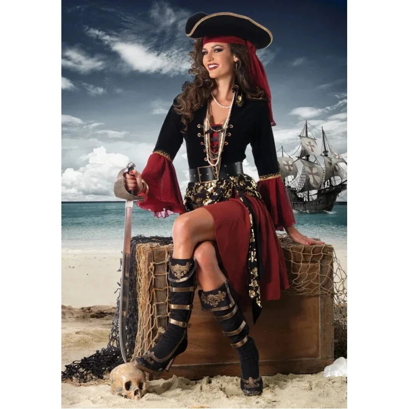Purim Female Caribbean Pirates Captain Costume Halloween Cosplay Suit Woman Gothic Medoeval Fancy Dress Performance outfit