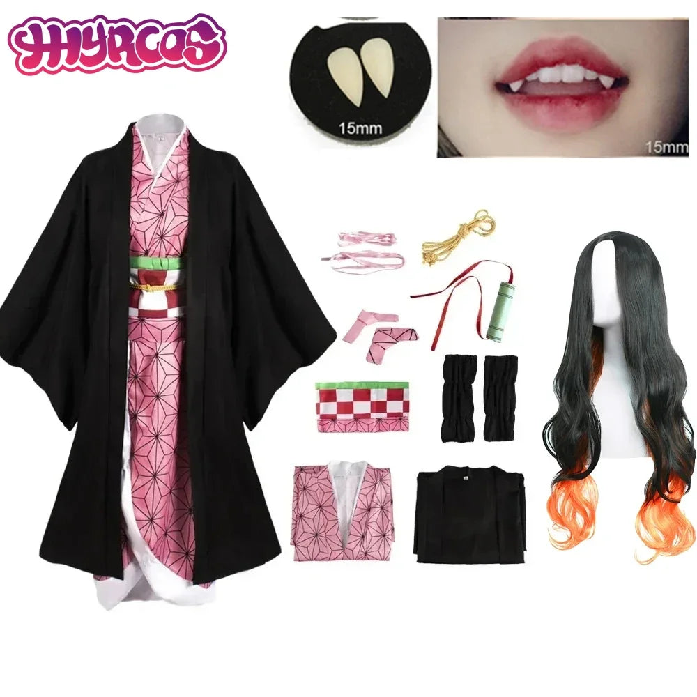 Anime Cosplay Kimetsu No Yaiba Kamado Nezuko Costume Kimono Demon Slayer Cosplay Wigs Hairs Halloween Carnival Women Outfit