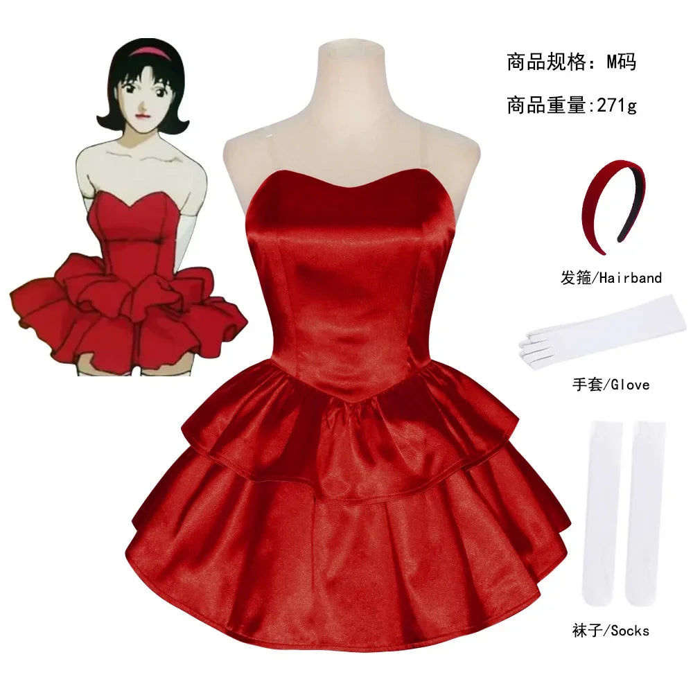Anime Perfect Blue Mima Cosplay Costume Red Strapless Tube Dress with Headband For Women with Thigh-High Stockings and Gloves