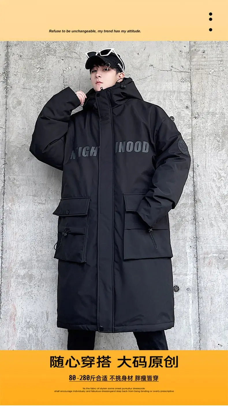 Techwear Down Cotton Jacket Men's Oversize Mid Length Workwear Cold Weather Clothing Winter Pockets Thick Hooded Parkas