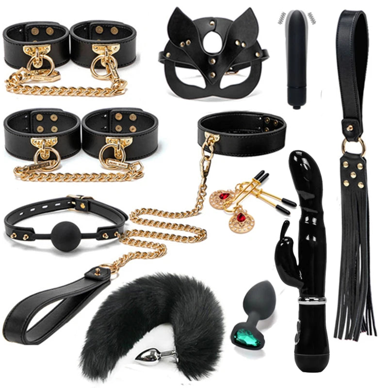 Erotic Bed Bondage Kits Slave Restraint Bondage Set Genuine leather Collar Mouth Gag Whips Handcuffs Adult Sex Toys For Couples