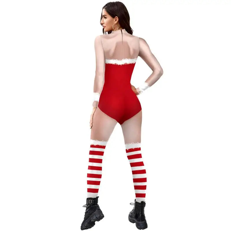 Sexy Christmas Jumpsuit Xmas Santa Claus Cosplay Costume Skinny 3D Printing Bodysuit Party Zentai Holiday Women Jumpsuit