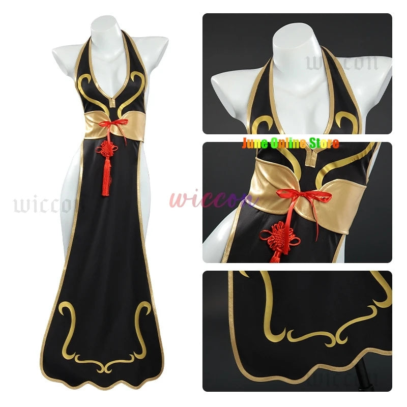 Chun Li Game Street Cosplay Costume Black Battle Dress Fighter Chinese Style Cheongsam Woman Adult Wig Blue Halloween Party