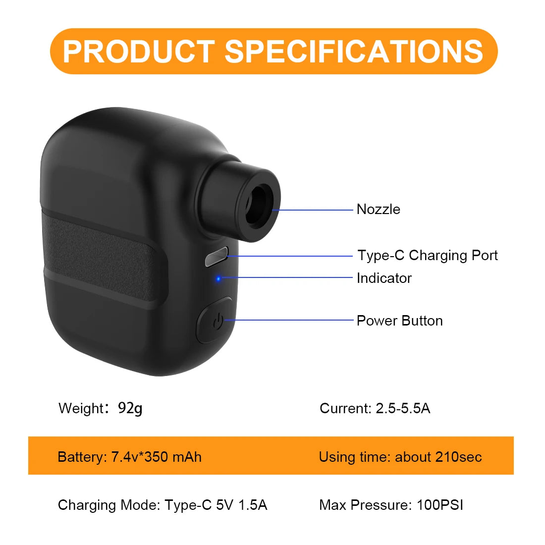 Mini Portable Bicycle Pump Rechargeable Air Inflator 100PSI 5V Type-C Bike Accessories for Bike Schrader Presta Tires.