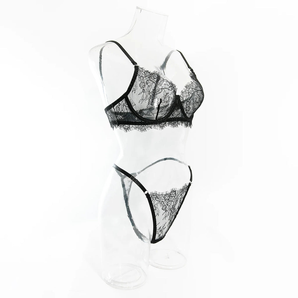 Erotic Lingerie Bra and Panties Set Basic Sexy Sheer Lace Eyelash Unline One Layer Lace Lingerie Women Underwear Intimate