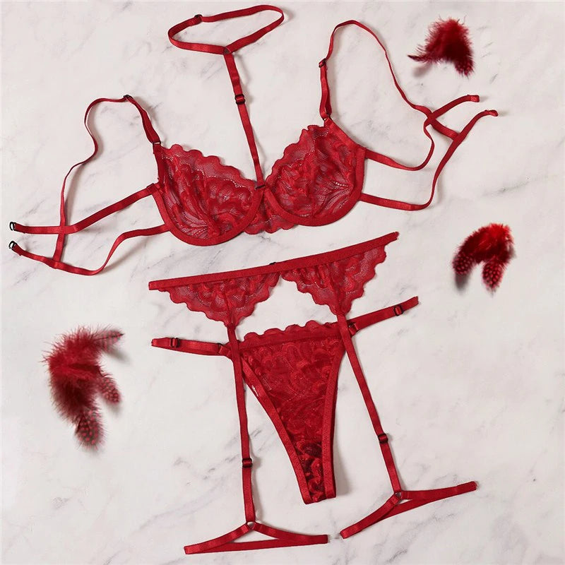 Erotic Lingerie Sets For Women Lace Garters Transparent Bra And Panty Set Female Porno Costumes Deep V Halter Sexy Underwear Set