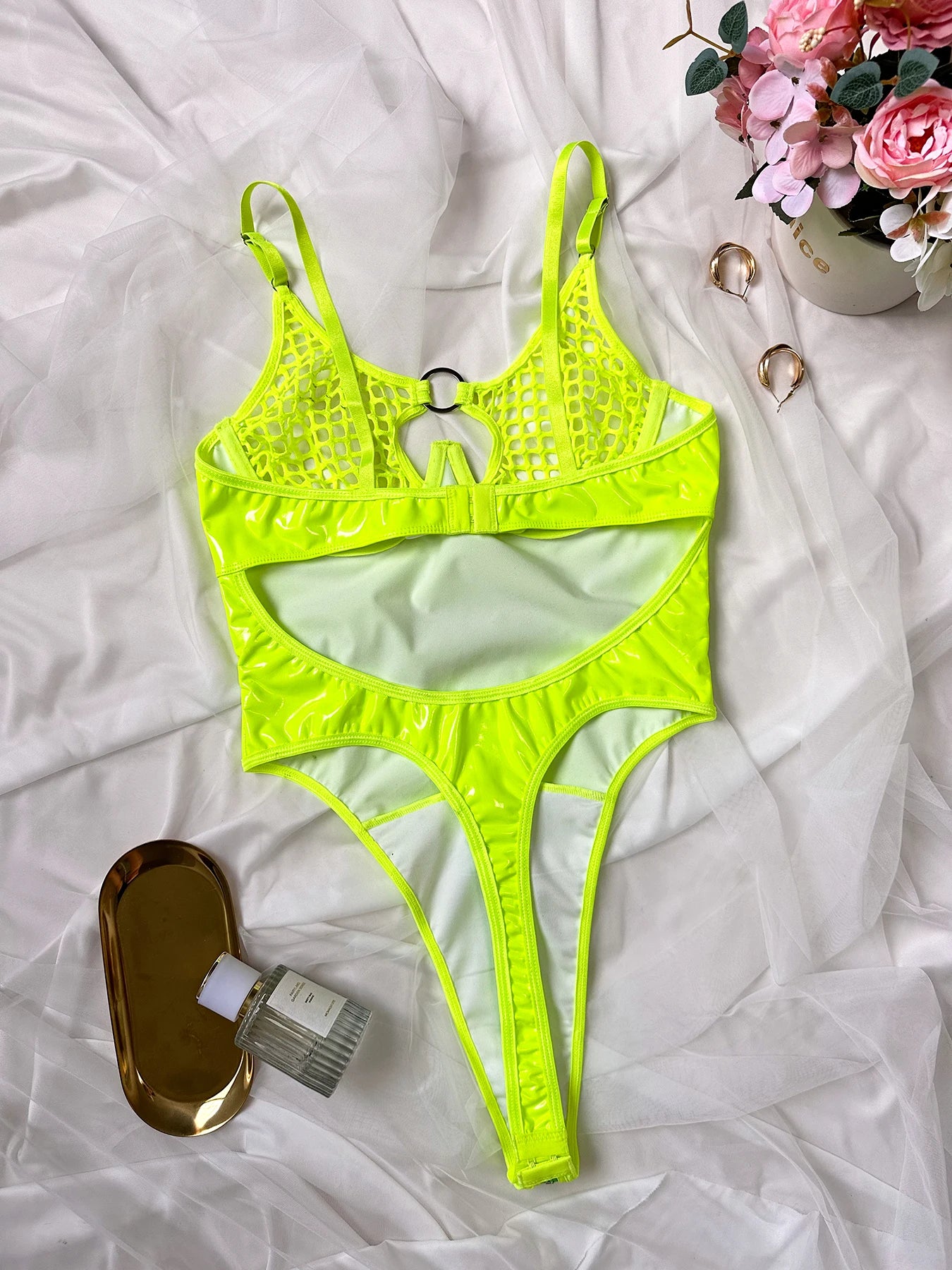 2024 Sexy Erotic Lingerie Set Corset Woman  Leather Bodysuit Zipper Open Crotch Rompers Mesh Sheer Hollow Out Female Underwear