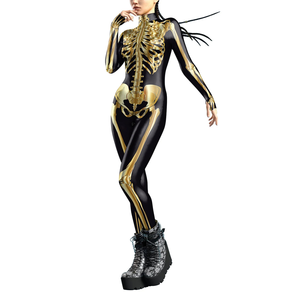 [You're My Secret]Halloween Cosplay Costumes For Women Skeleton Printed Long Sleeve Bodysuits Slim Elastic Fancy Outfits Catsuit