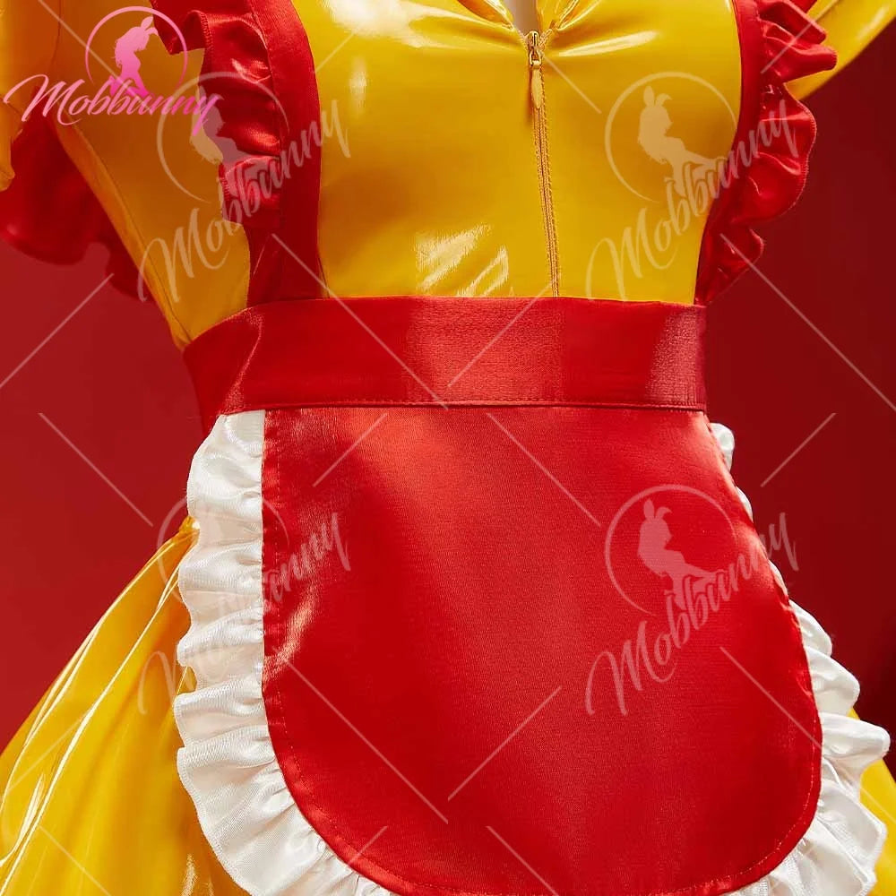 Mobbunny Women's Sexy Lingerie Maid Uniform Set Waitress Yellow Dress with Red Apron and Hat Halloween Cosplay Costume