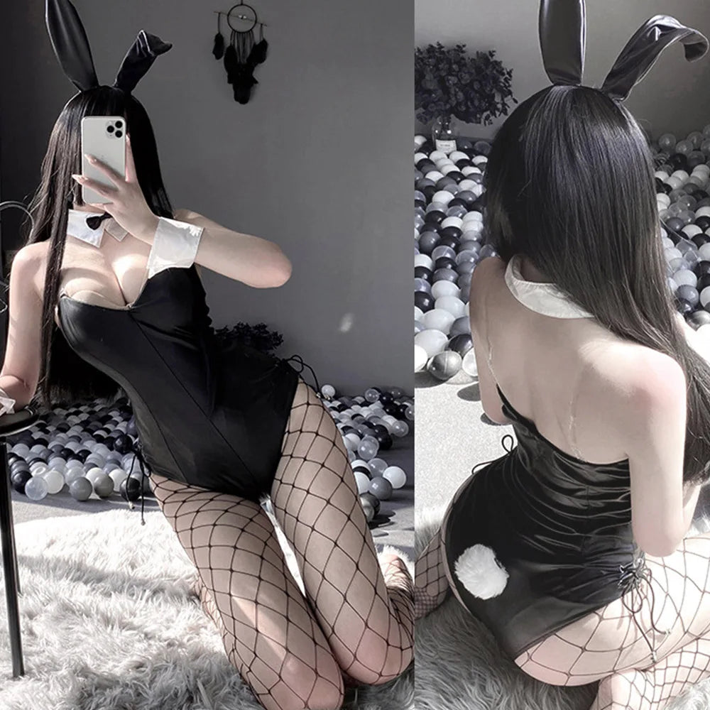 Sexy Bunny Cosplay Costume Women Men Sexy Bodysuit Lingerie Kawaii Bunny Girl PU Faux Leather Rabbit Suit Anime Outfit Halloween