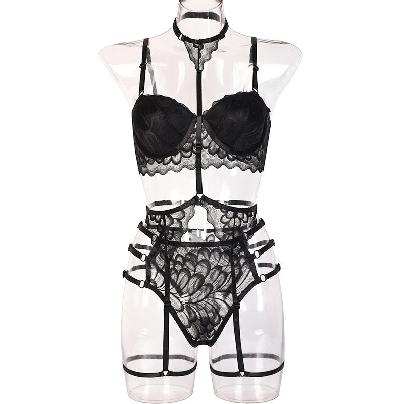 Erotic Lingerie Sets For Women Lace Garters Transparent Bra And Panty Set Female Porno Costumes Deep V Halter Sexy Underwear Set
