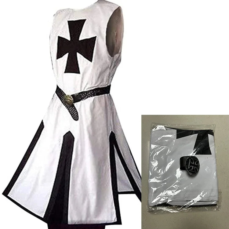 Mens Medieval Crusader Knights Templar Tunic Costumes Renaissance Halloween Surcoat Warrior Black Plague Cloak Cosplay Top S-3XL