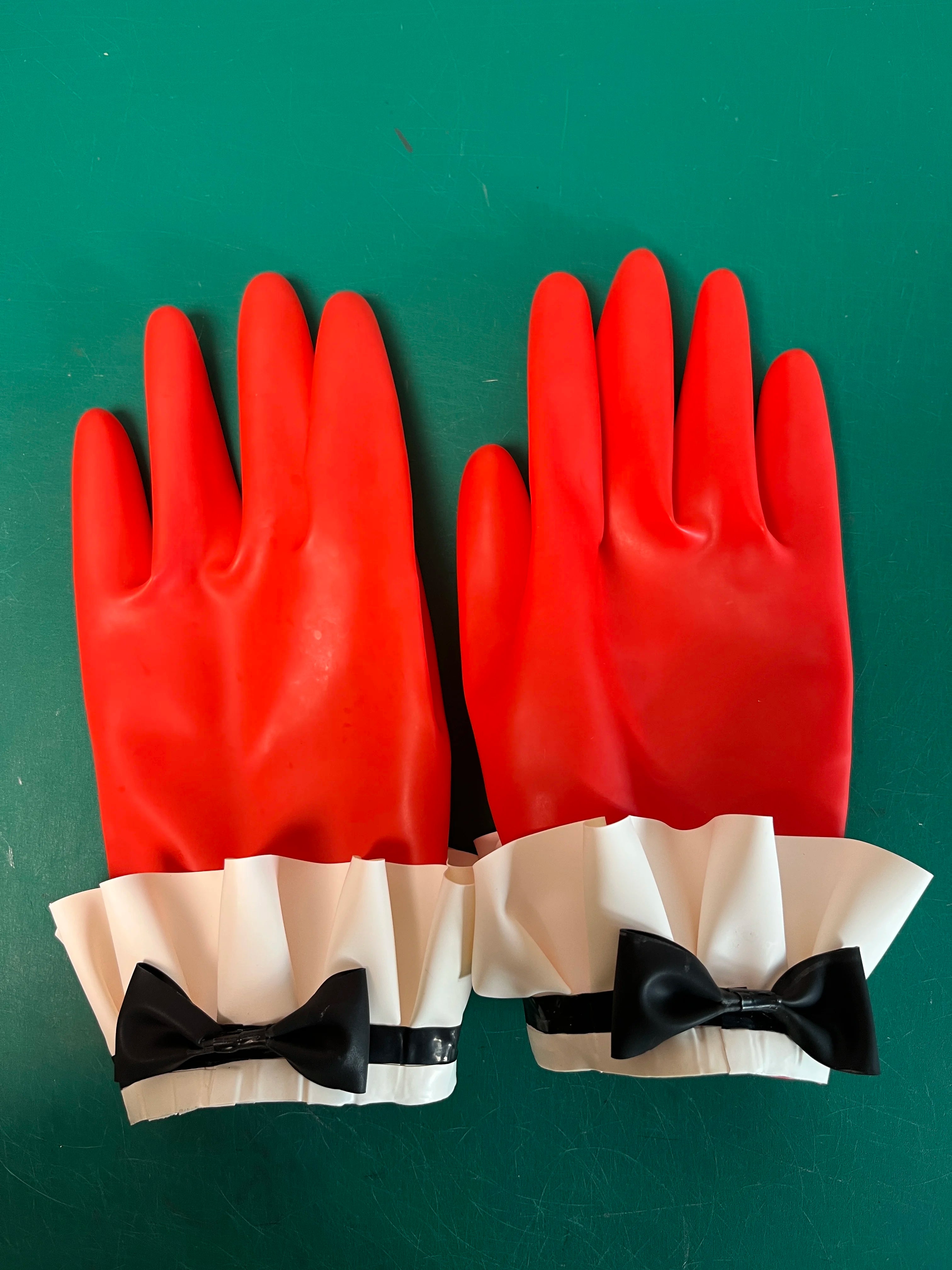 Sexy Black Fetish Latex Gloves Wrist Length with Lace and Bow