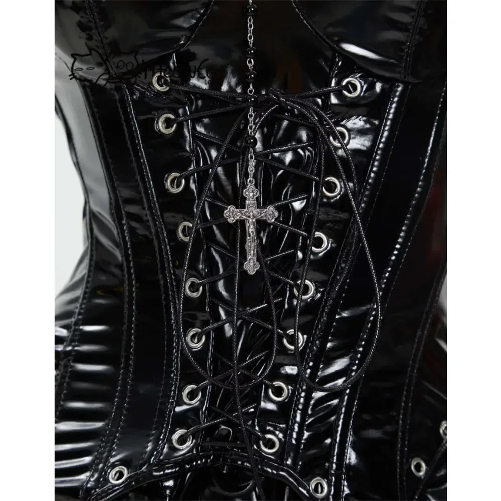 Meowcos Miss Misa Cosplay Costume Women  Halloween Gothic  Black Lace-up Corset Top and Skirt with Net Stockings and Sleeves