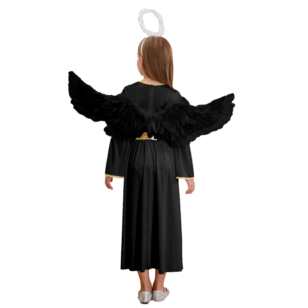 Girls White Angel Costume Halloween Party Long Bell Sleeve Maxi Dress Gown with Wings Set for Performance Church Dress Up