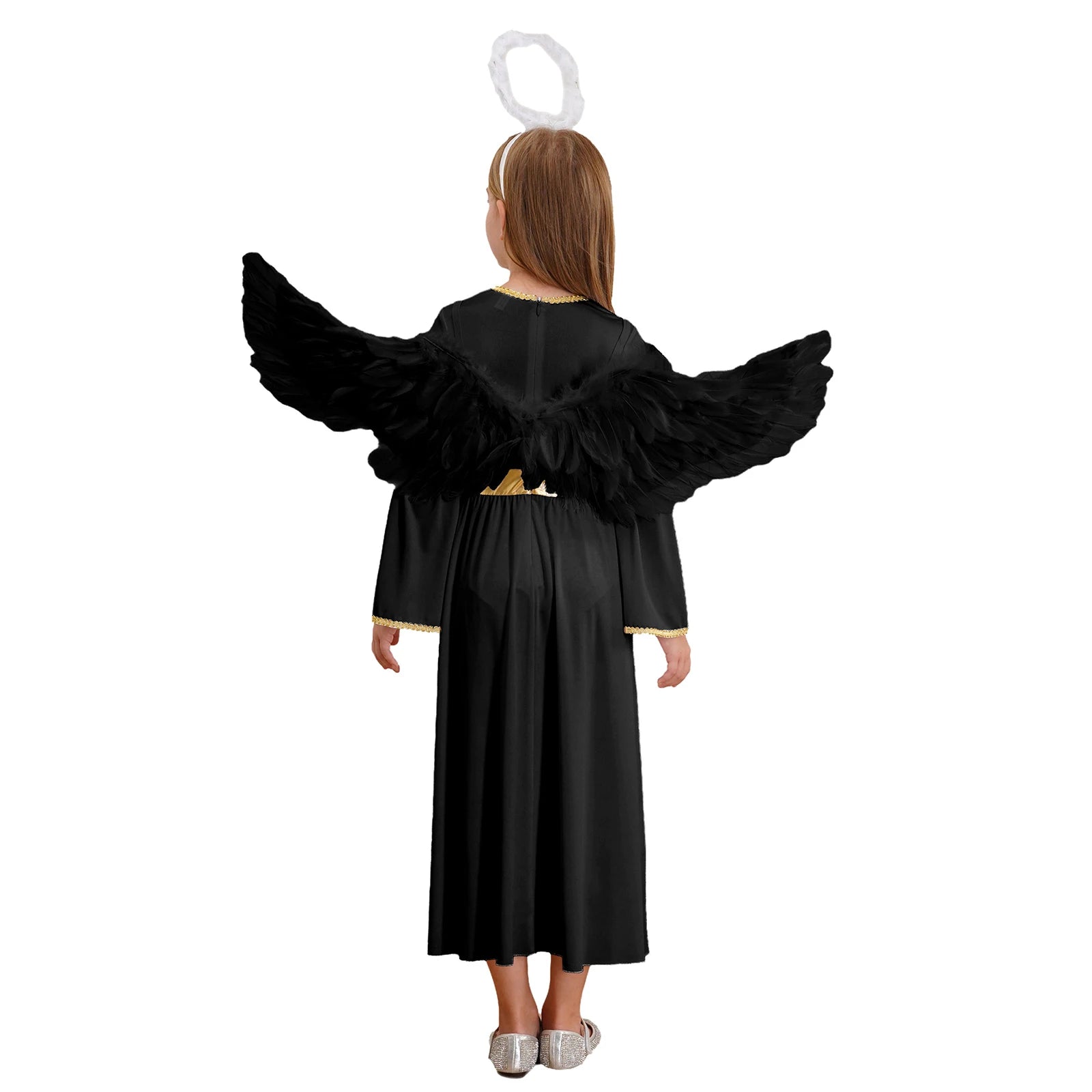 Girls White Angel Costume Halloween Party Long Bell Sleeve Maxi Dress Gown with Wings Set for Performance Church Dress Up