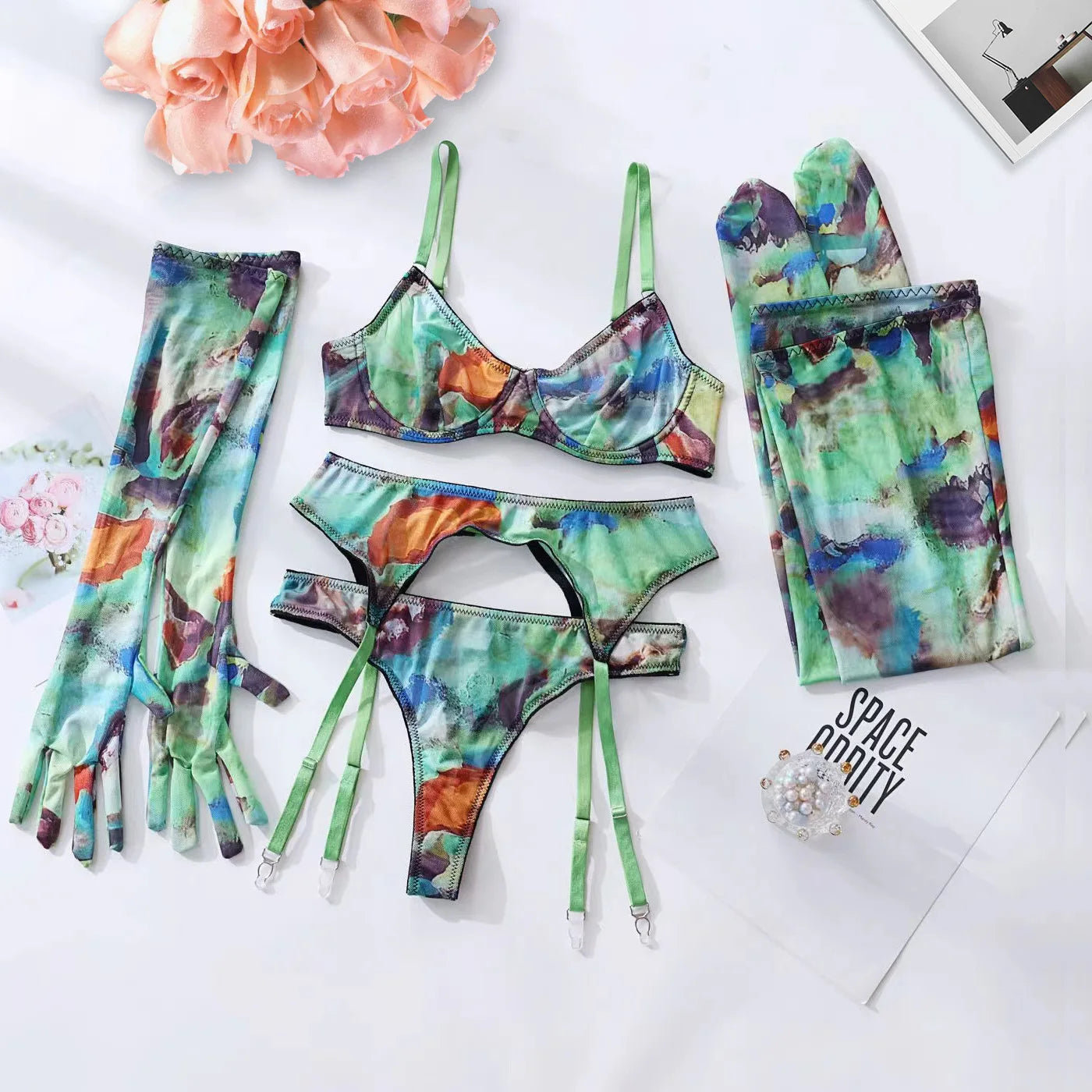 Erotic Lingerie Set Women Tie Dye Lace Push-Up Bra Stockings with Belt Exotic Sheer Underwear 3-Piece Seductive Role-Play Outfit