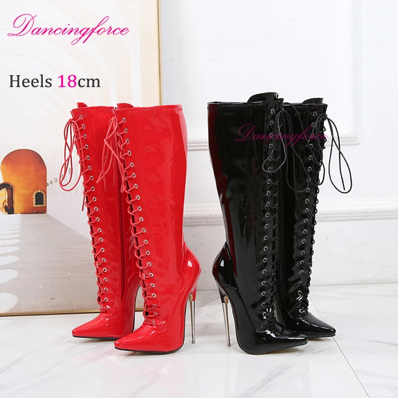 Pointy Toe Fetish Knee High Boots Women 18cm Extreme High Sexy Fetish Metal Heels Stiletto Sexy Nightclub Party Boots